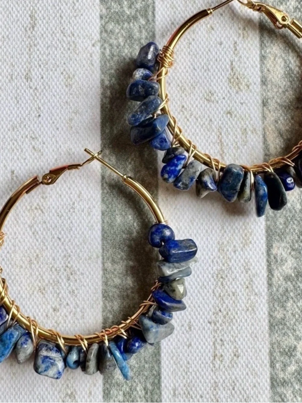 New Natural Blue Sodalite Stone Wire Wrapped Gold Tone Hoop Earrings - 2”